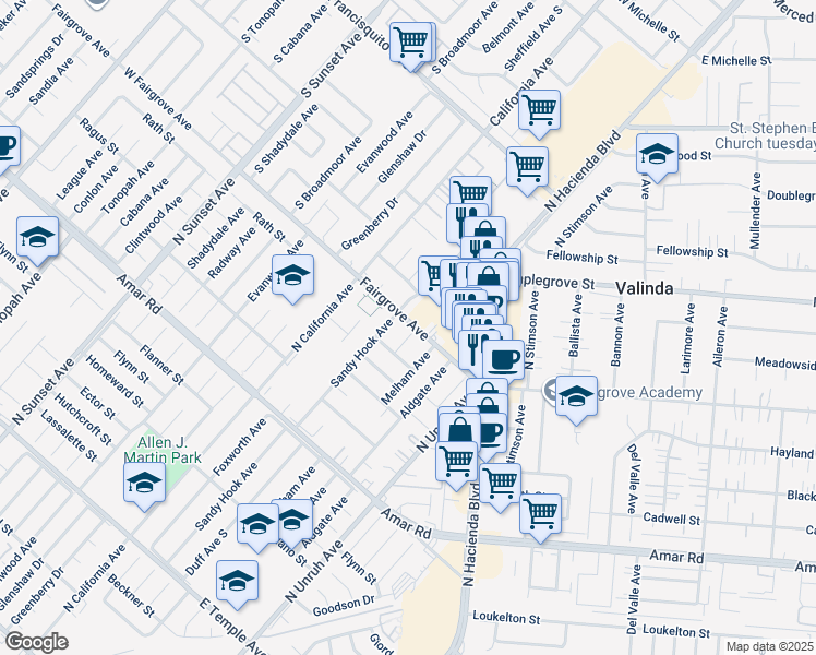 map of restaurants, bars, coffee shops, grocery stores, and more near 1157 Duff Avenue South in La Puente