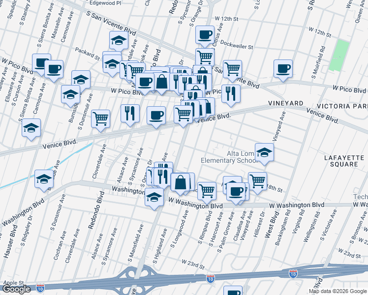 map of restaurants, bars, coffee shops, grocery stores, and more near 1700 South La Brea Avenue in Los Angeles