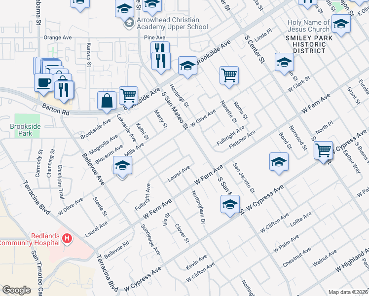 map of restaurants, bars, coffee shops, grocery stores, and more near 211 San Rafael Street in Redlands