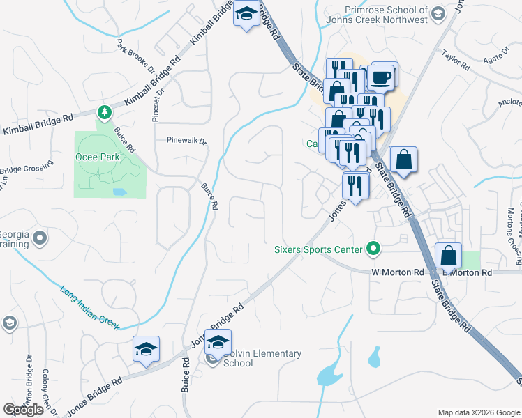 map of restaurants, bars, coffee shops, grocery stores, and more near 400 Broken Lance Place in Alpharetta
