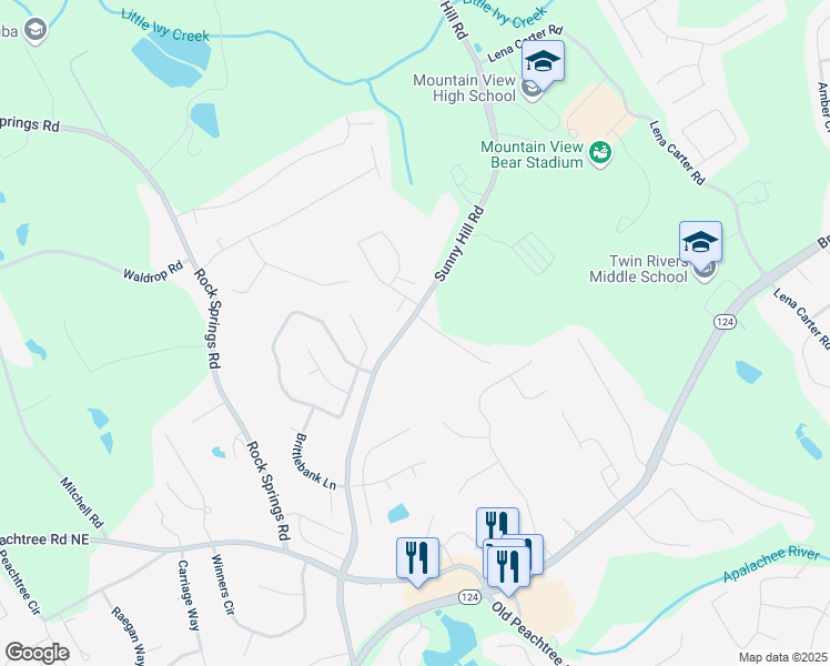 map of restaurants, bars, coffee shops, grocery stores, and more near 2199 Sunny Hill Road in Lawrenceville