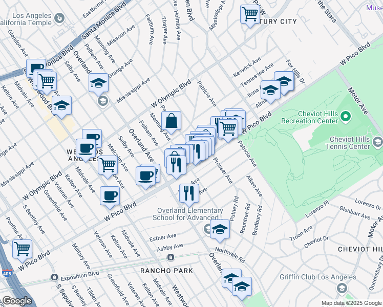 map of restaurants, bars, coffee shops, grocery stores, and more near 2351 Parnell Avenue in Los Angeles