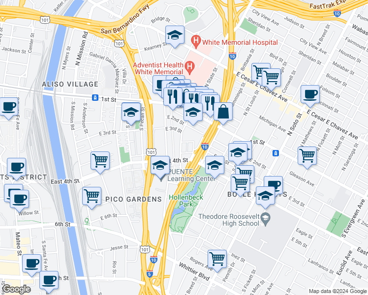 map of restaurants, bars, coffee shops, grocery stores, and more near 336 South State Street in Los Angeles