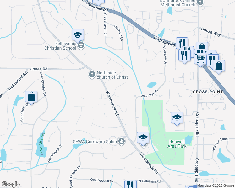 map of restaurants, bars, coffee shops, grocery stores, and more near 110 Amberly Place in Roswell