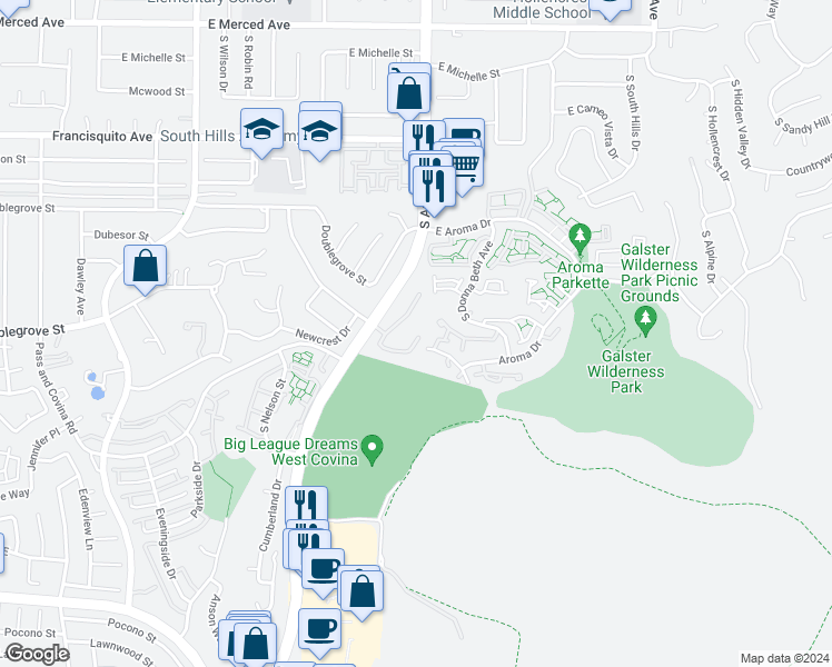 map of restaurants, bars, coffee shops, grocery stores, and more near 1837 Scenic View Circle in West Covina