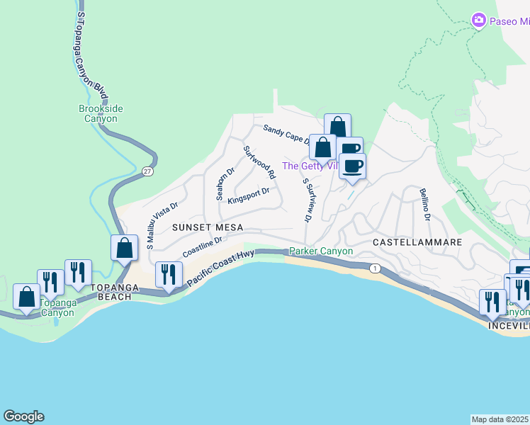 map of restaurants, bars, coffee shops, grocery stores, and more near 18128 Wakecrest Drive in Malibu