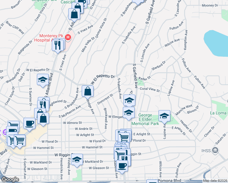 map of restaurants, bars, coffee shops, grocery stores, and more near 213 Doncrest Street in Monterey Park
