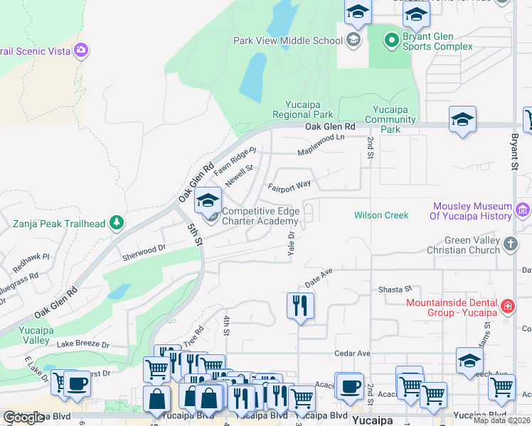 map of restaurants, bars, coffee shops, grocery stores, and more near 35612 Campus Way in Yucaipa