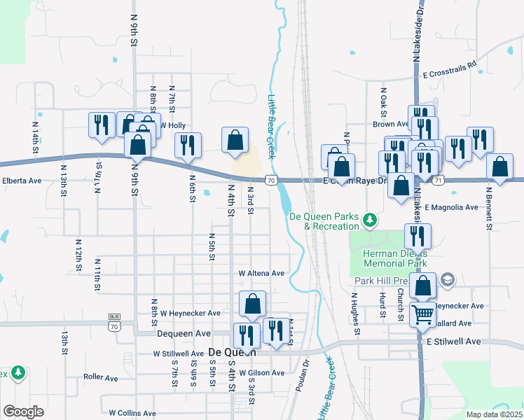 map of restaurants, bars, coffee shops, grocery stores, and more near 209 West Janssen Avenue in De Queen