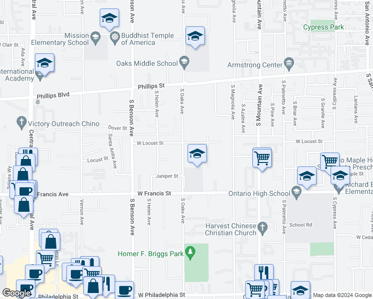map of restaurants, bars, coffee shops, grocery stores, and more near 1619 South Oaks Avenue in Ontario