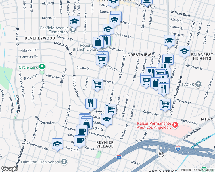 map of restaurants, bars, coffee shops, grocery stores, and more near 1906 Preuss Road in Los Angeles