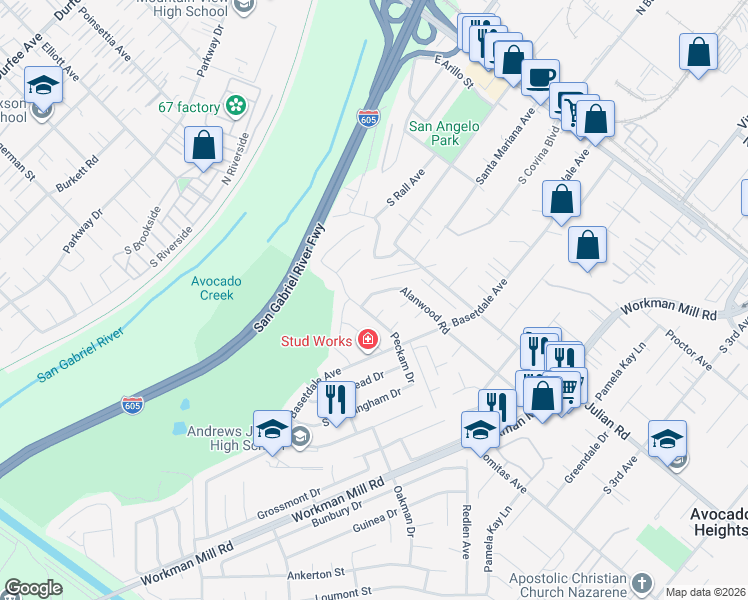 map of restaurants, bars, coffee shops, grocery stores, and more near 583 Santa Mariana Avenue in La Puente