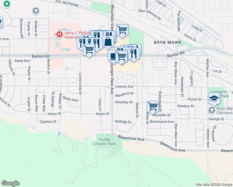 map of restaurants, bars, coffee shops, grocery stores, and more near 25728 Mariposa Street in Loma Linda