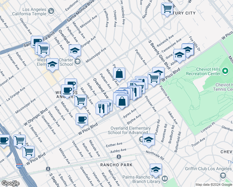 map of restaurants, bars, coffee shops, grocery stores, and more near 2316 Pelham Avenue in Los Angeles