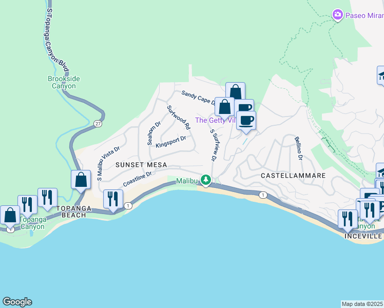 map of restaurants, bars, coffee shops, grocery stores, and more near 18106 Wakecrest Drive in Malibu