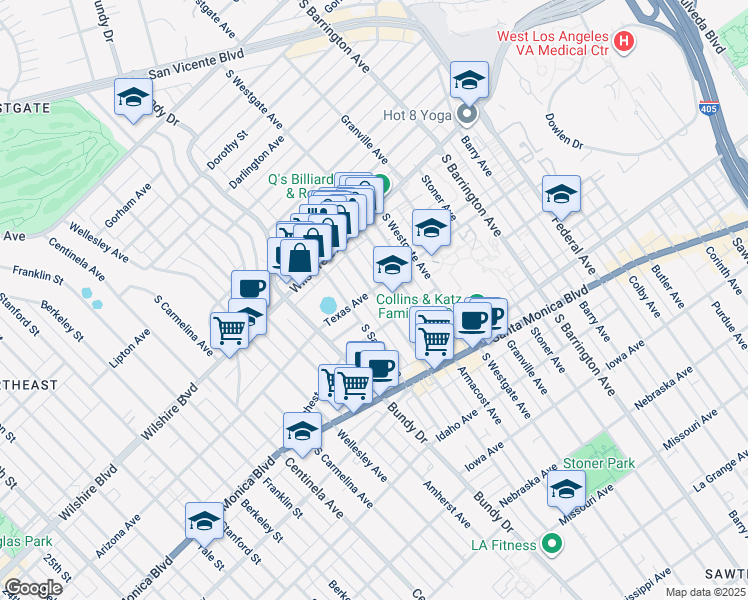 map of restaurants, bars, coffee shops, grocery stores, and more near 1301 Brockton Avenue in Los Angeles