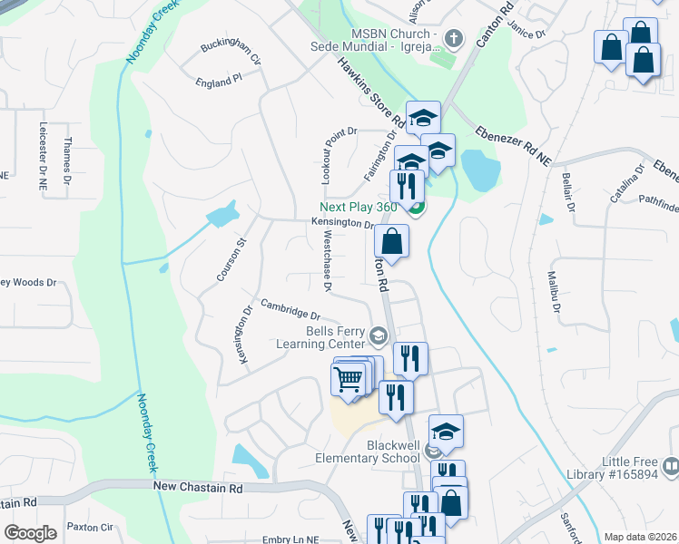 map of restaurants, bars, coffee shops, grocery stores, and more near 613 Silverwood Court Northeast in Marietta