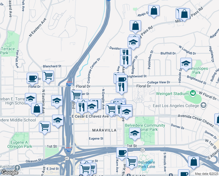 map of restaurants, bars, coffee shops, grocery stores, and more near 4728 Floral Drive in East Los Angeles