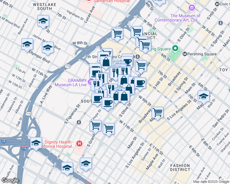 map of restaurants, bars, coffee shops, grocery stores, and more near 960 South Hope Street in Los Angeles