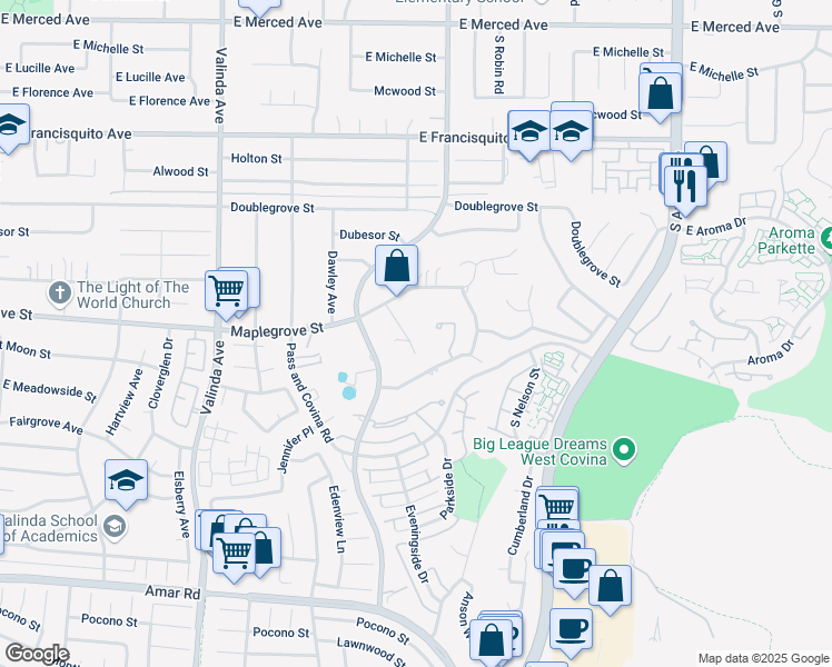 map of restaurants, bars, coffee shops, grocery stores, and more near 1722 South Avington Avenue in West Covina