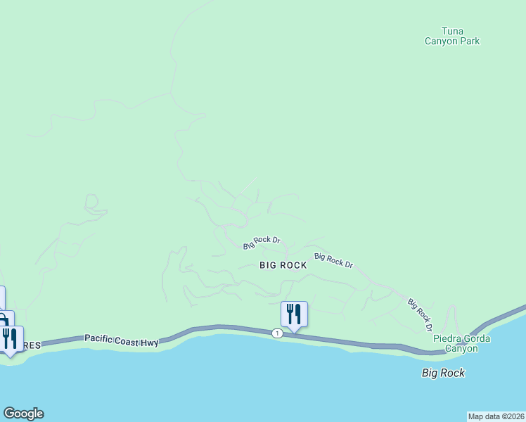map of restaurants, bars, coffee shops, grocery stores, and more near 20777 Big Rock Drive in Malibu