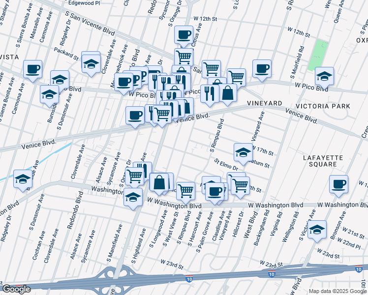map of restaurants, bars, coffee shops, grocery stores, and more near 1719 South Longwood Avenue in Los Angeles
