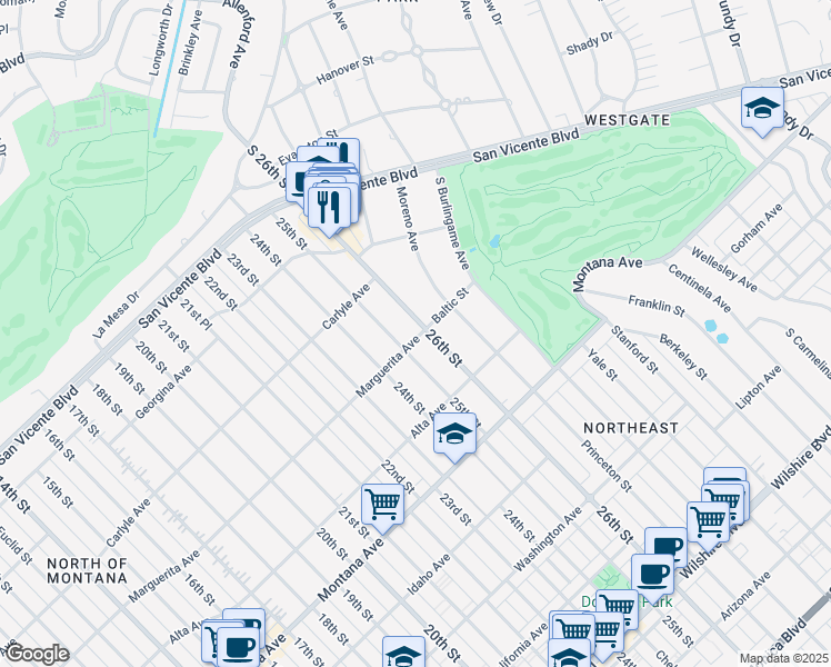 map of restaurants, bars, coffee shops, grocery stores, and more near 2515 Marguerita Avenue in Santa Monica