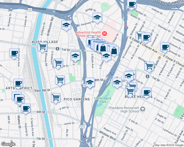 map of restaurants, bars, coffee shops, grocery stores, and more near 325 South Boyle Avenue in Los Angeles