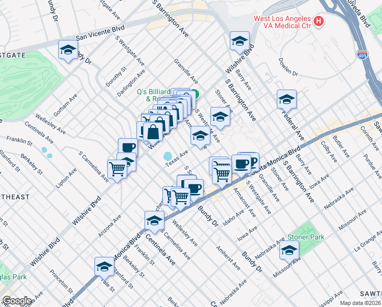 map of restaurants, bars, coffee shops, grocery stores, and more near 1301 Brockton Avenue in Los Angeles