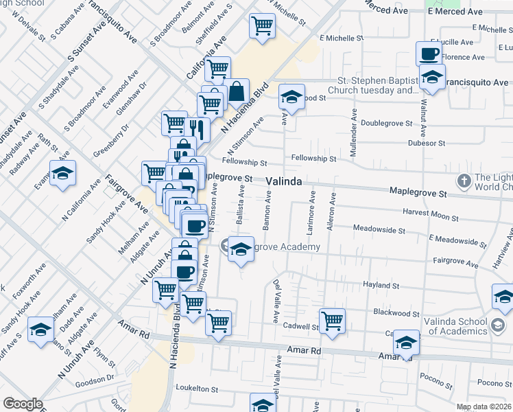 map of restaurants, bars, coffee shops, grocery stores, and more near 1317 Bannon Avenue in La Puente