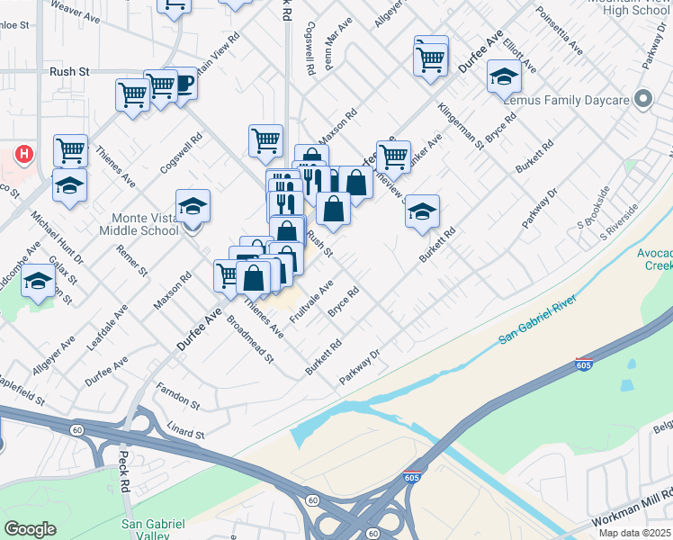 map of restaurants, bars, coffee shops, grocery stores, and more near 1949 Fruitvale Avenue in El Monte
