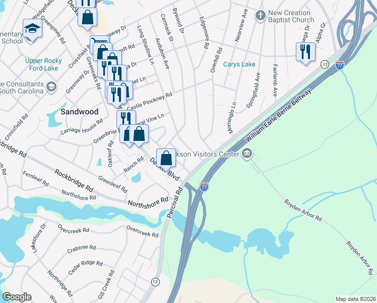 map of restaurants, bars, coffee shops, grocery stores, and more near 1612 Long Shadow Lane in Columbia