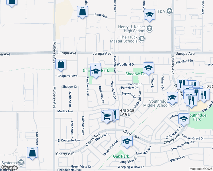 map of restaurants, bars, coffee shops, grocery stores, and more near 14000 Shadow Drive in Fontana