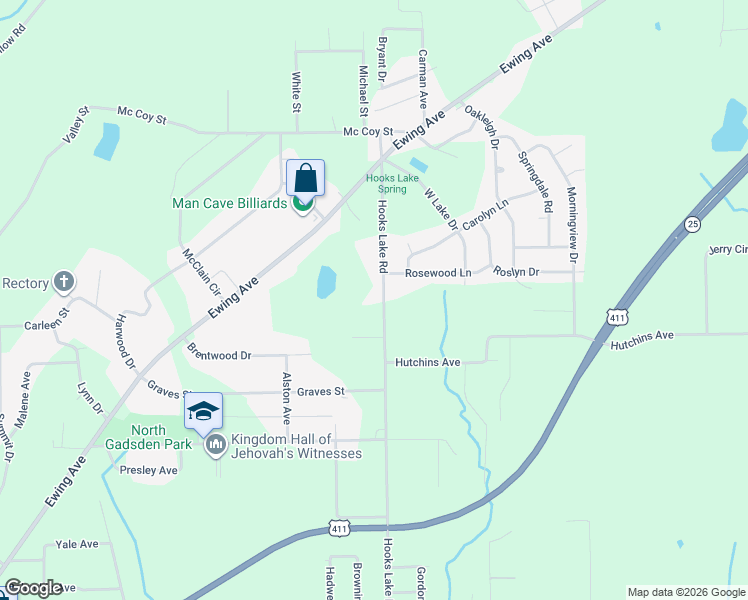 map of restaurants, bars, coffee shops, grocery stores, and more near 1536 Hooks Lake Road in Gadsden