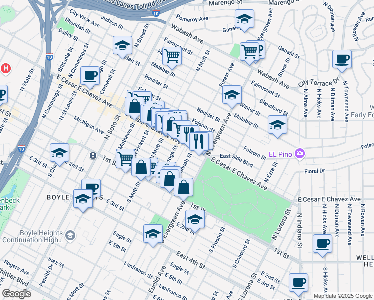 map of restaurants, bars, coffee shops, grocery stores, and more near 348 North Savannah Street in Los Angeles