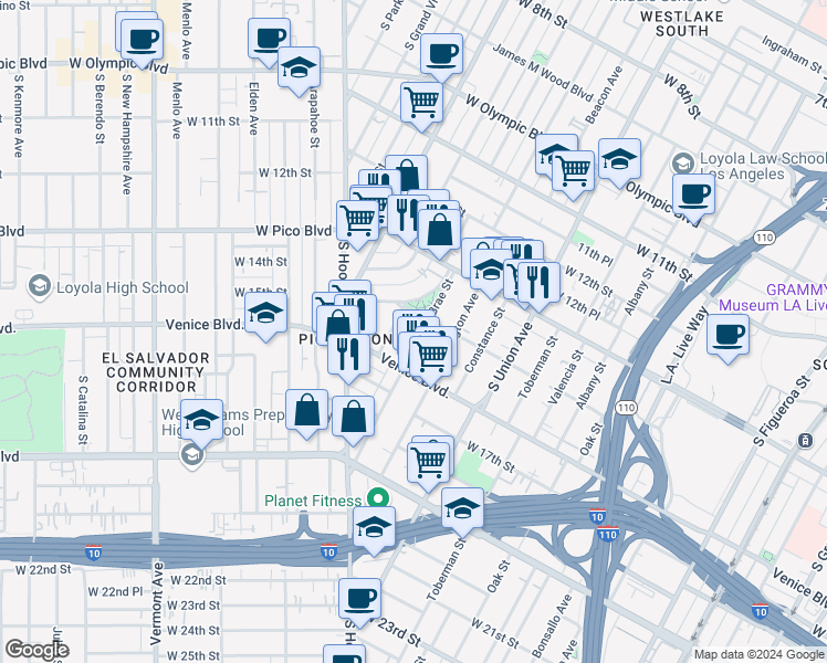map of restaurants, bars, coffee shops, grocery stores, and more near 1417 South Bonnie Brae Street in Los Angeles