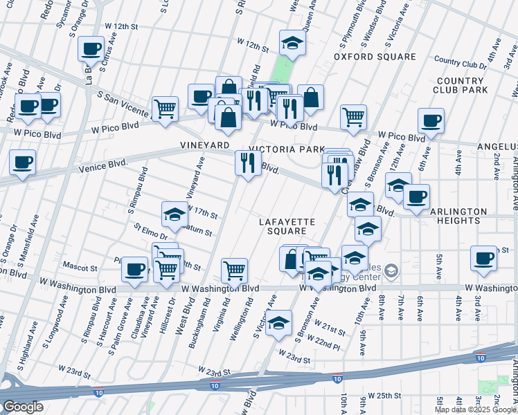 map of restaurants, bars, coffee shops, grocery stores, and more near 1672 Buckingham Road in Los Angeles