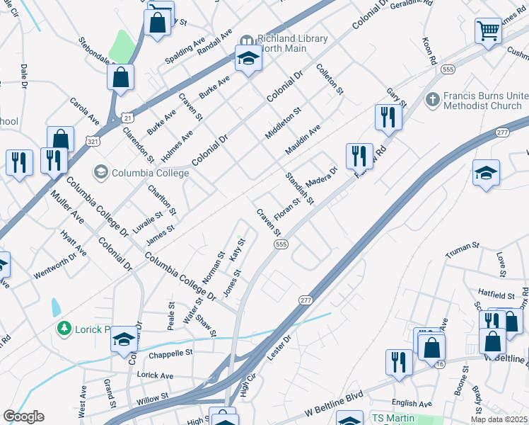 map of restaurants, bars, coffee shops, grocery stores, and more near 1719 Craven Street in Columbia