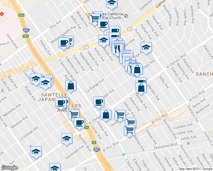 map of restaurants, bars, coffee shops, grocery stores, and more near 2026 Greenfield Avenue in Los Angeles