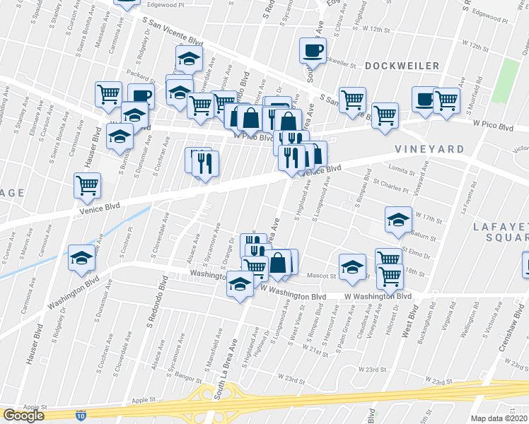 map of restaurants, bars, coffee shops, grocery stores, and more near 1712 South Mansfield Avenue in Los Angeles