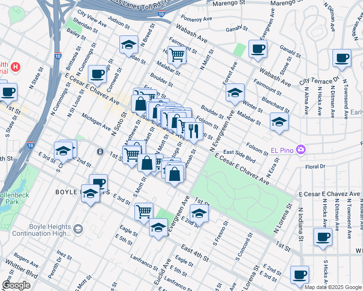 map of restaurants, bars, coffee shops, grocery stores, and more near 342 North Saratoga Street in Los Angeles