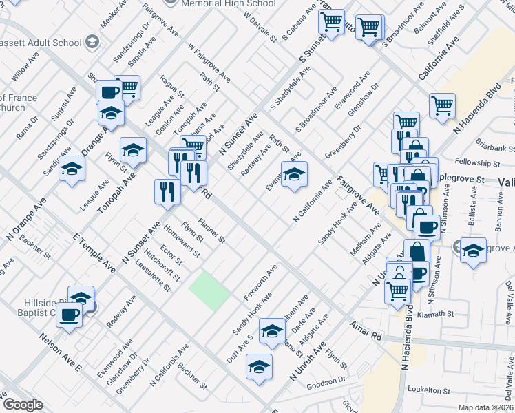 map of restaurants, bars, coffee shops, grocery stores, and more near 938 Evanwood Avenue in La Puente