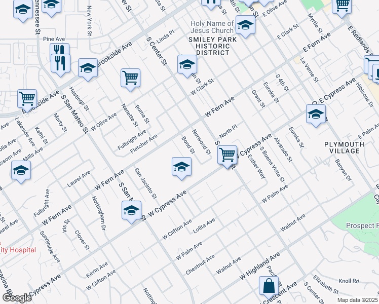 map of restaurants, bars, coffee shops, grocery stores, and more near 430 Bond Street in Redlands