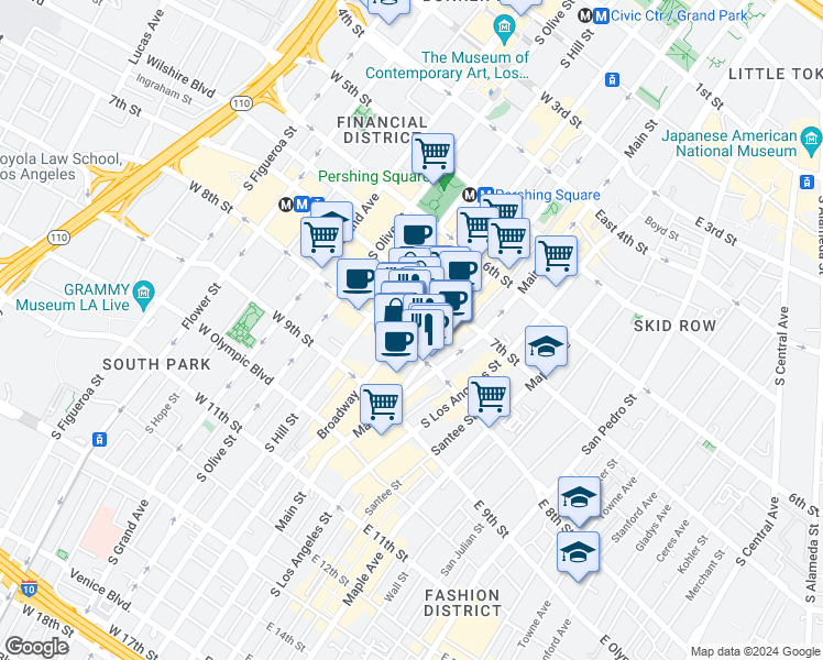 map of restaurants, bars, coffee shops, grocery stores, and more near 742 South Broadway in Los Angeles