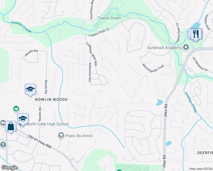 map of restaurants, bars, coffee shops, grocery stores, and more near 3776 Kirkwood Run in Kennesaw