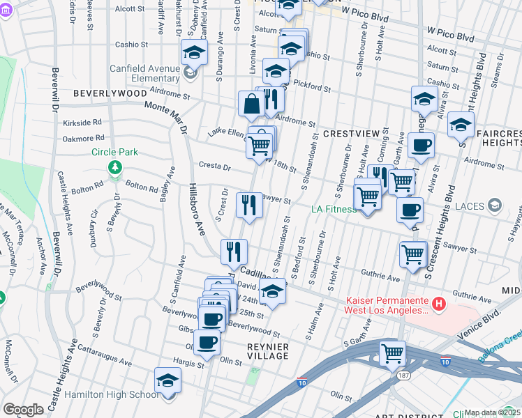 map of restaurants, bars, coffee shops, grocery stores, and more near 1911 Preuss Road in Los Angeles