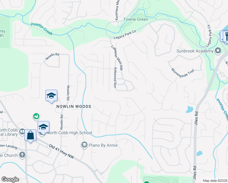 map of restaurants, bars, coffee shops, grocery stores, and more near 3802 Kirkwood Run in Kennesaw