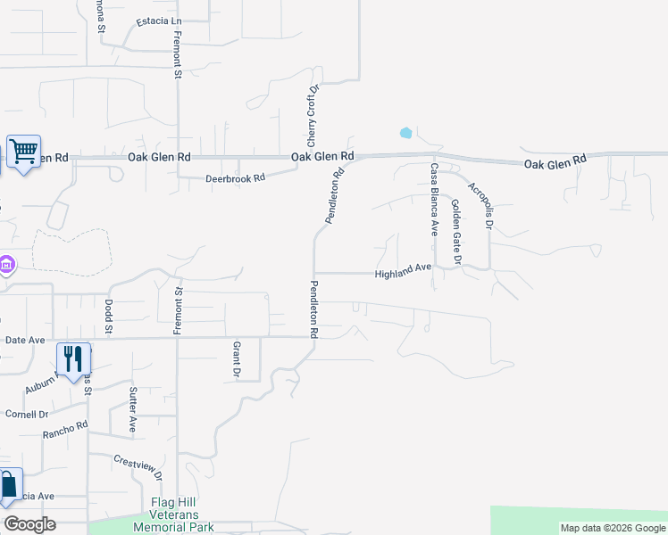 map of restaurants, bars, coffee shops, grocery stores, and more near 36044 Highland Avenue in Yucaipa