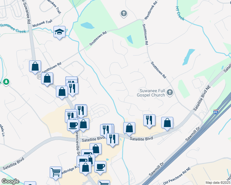 map of restaurants, bars, coffee shops, grocery stores, and more near 160 White Sands Court Northeast in Suwanee