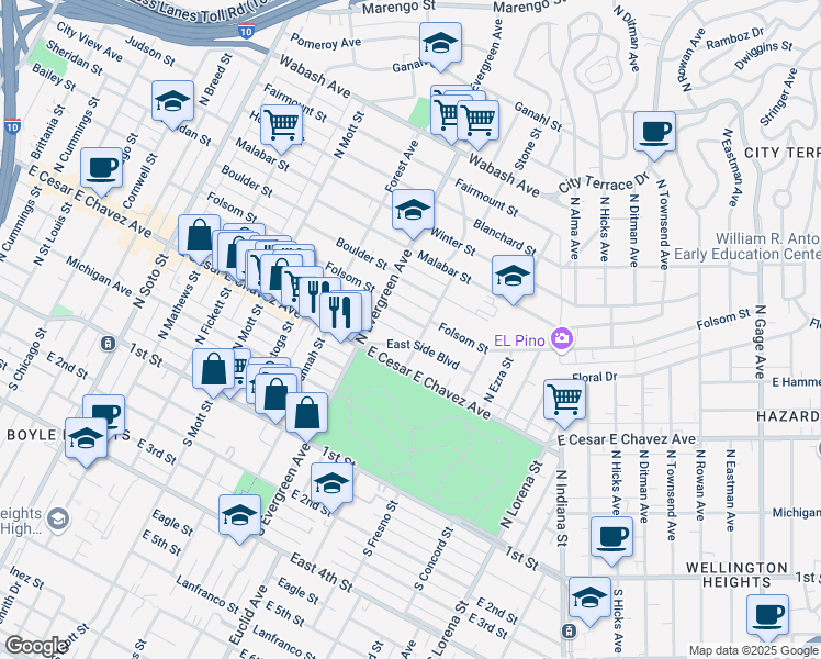 map of restaurants, bars, coffee shops, grocery stores, and more near 3040 Folsom Street in Los Angeles